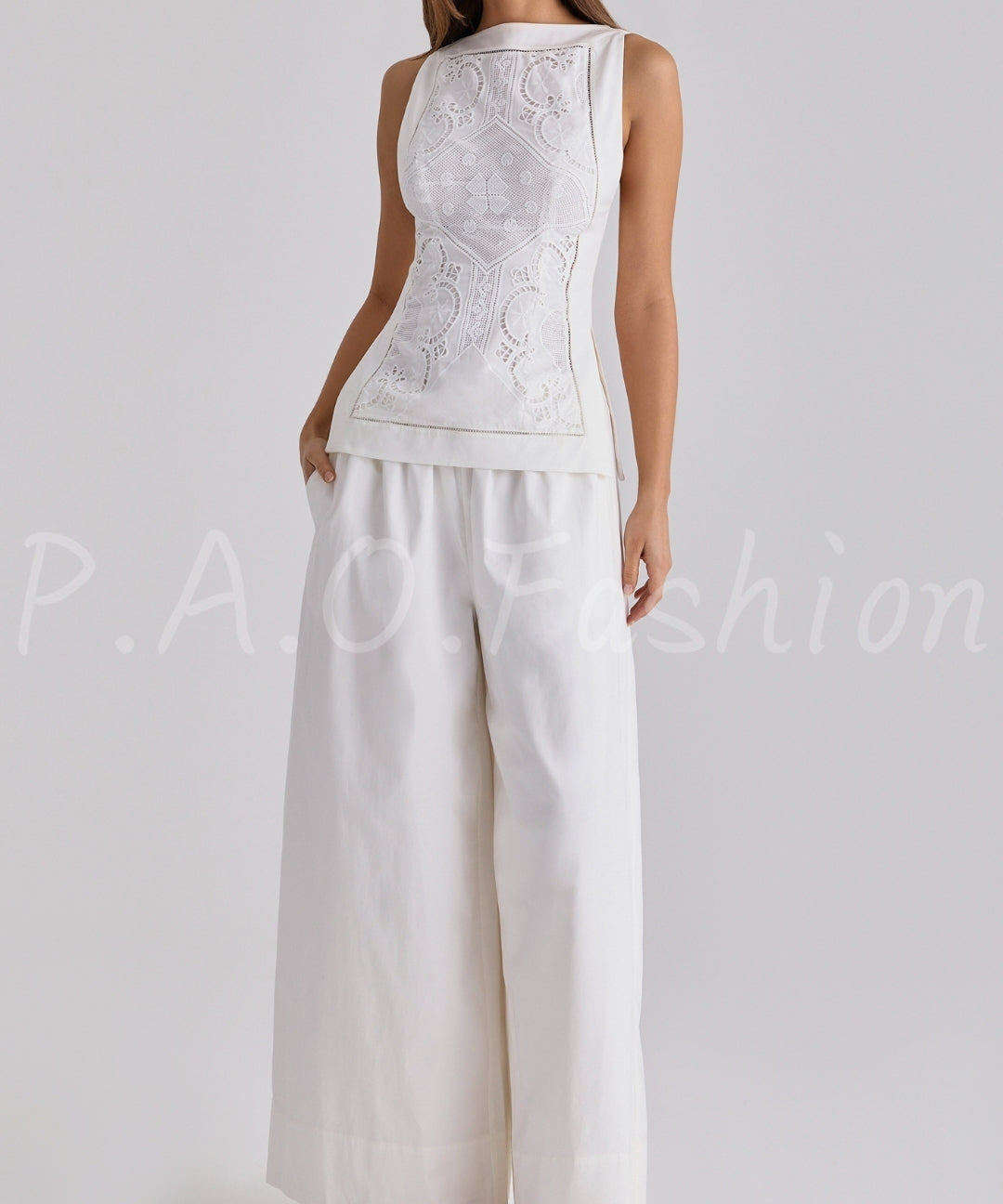 Lace Broderie Anglaise Boat Neck Top & Wide Leg Trousers Set[Available Now]