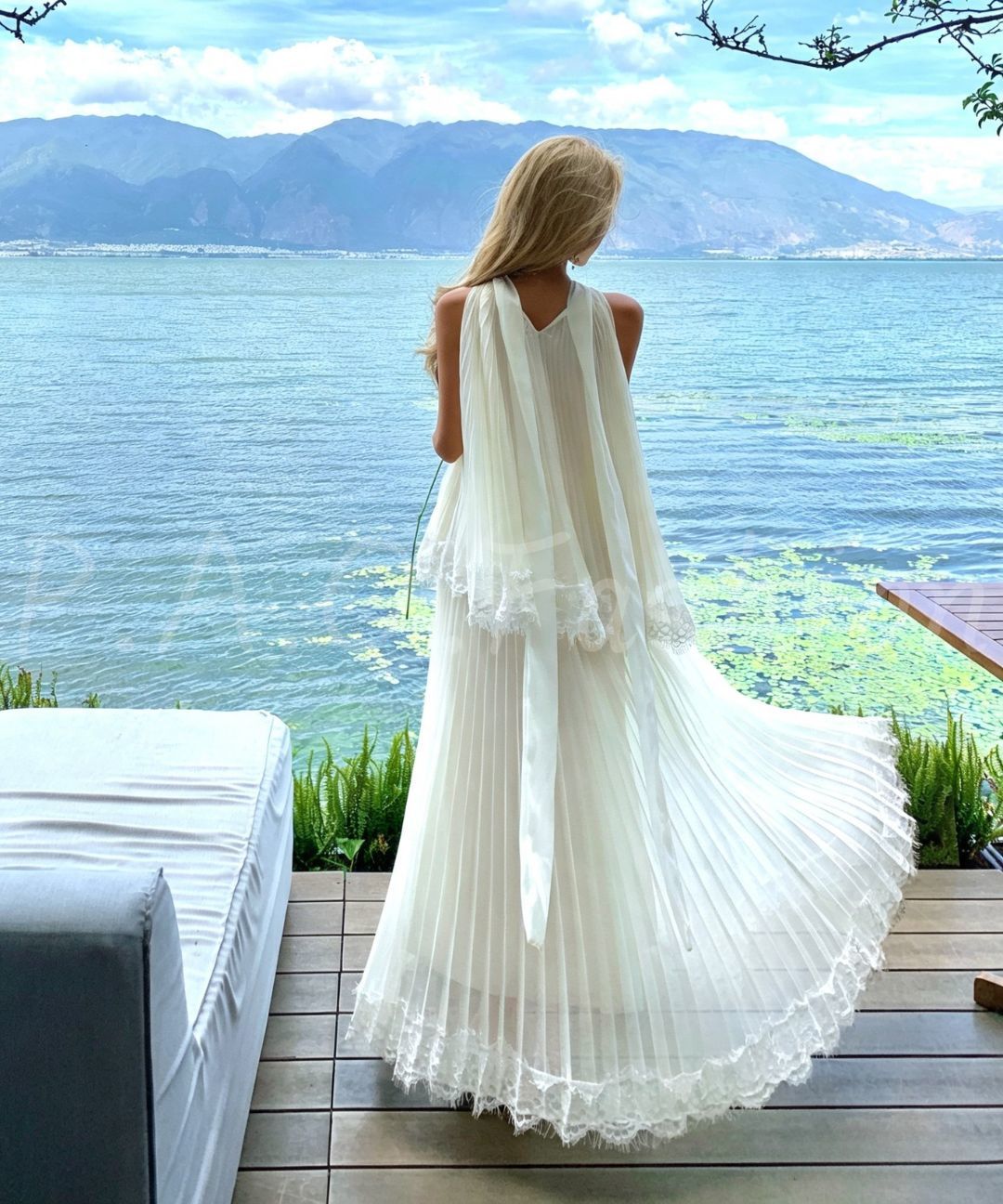 Halter Pleated Lace Maxi Skirt Two-Piece Set