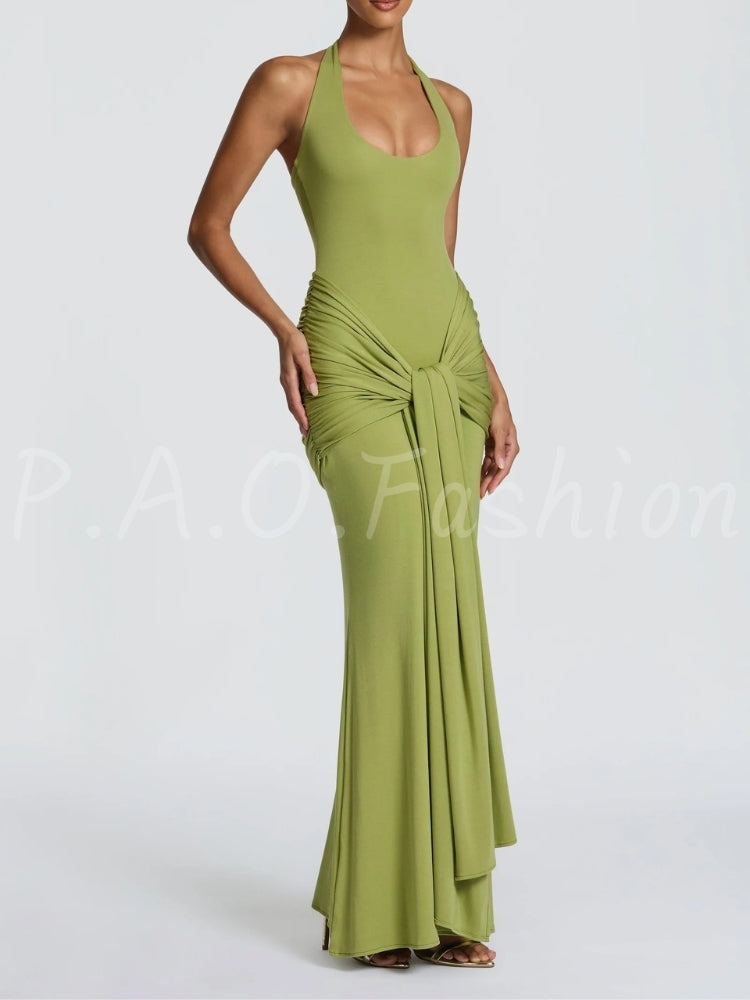 Twist Halter Ruched Open-Back Mermaid Maxi Dress