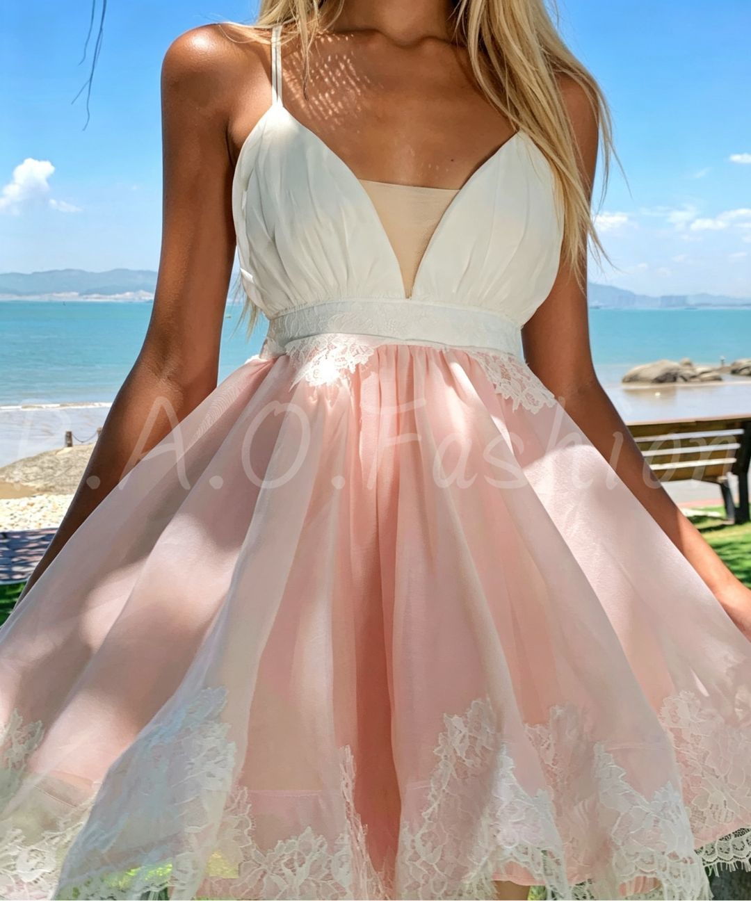 Blush Pink Ombre Lace Mini Dress