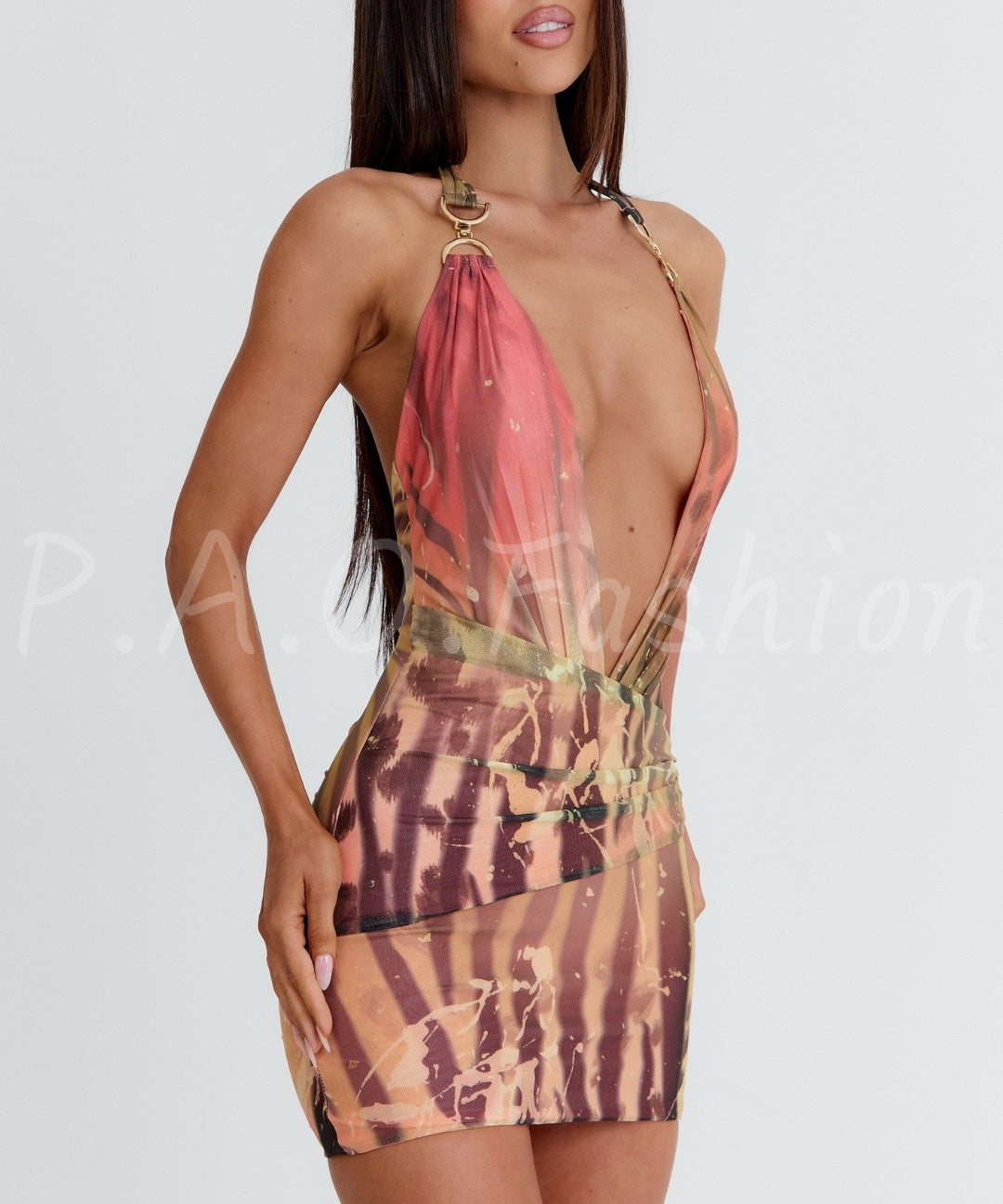 Tie-Dye Halter Mesh Bodycon Dress