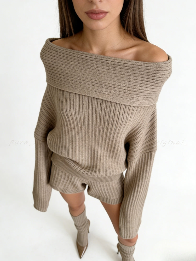 Off-Shoulder Knit Sweater & Relaxed Shorts Two-Piece Set