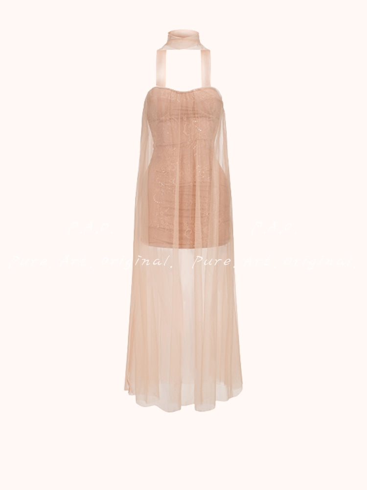Strapless Mesh Train Maxi Dress