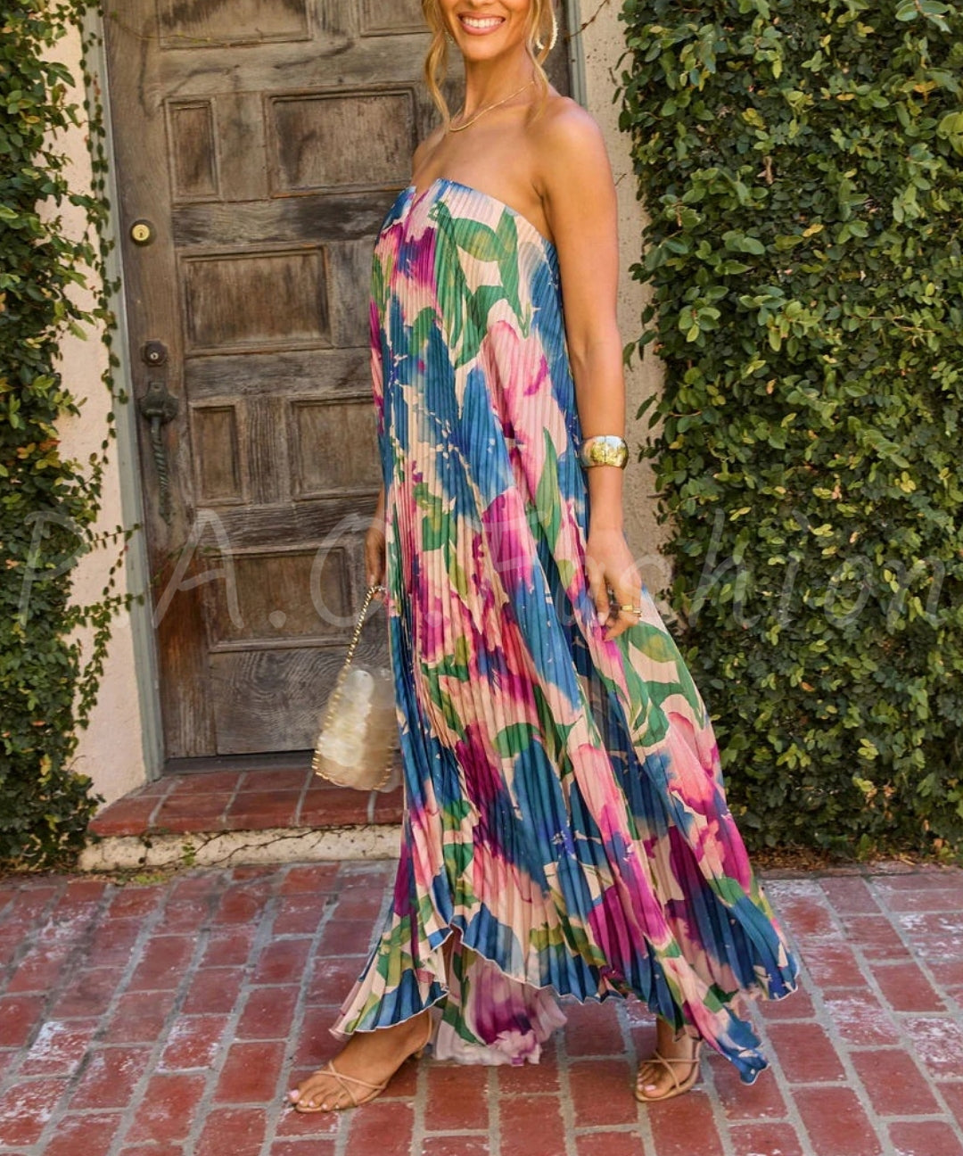 Watercolor Pleated Strapless Maxi Dress[Available Now]