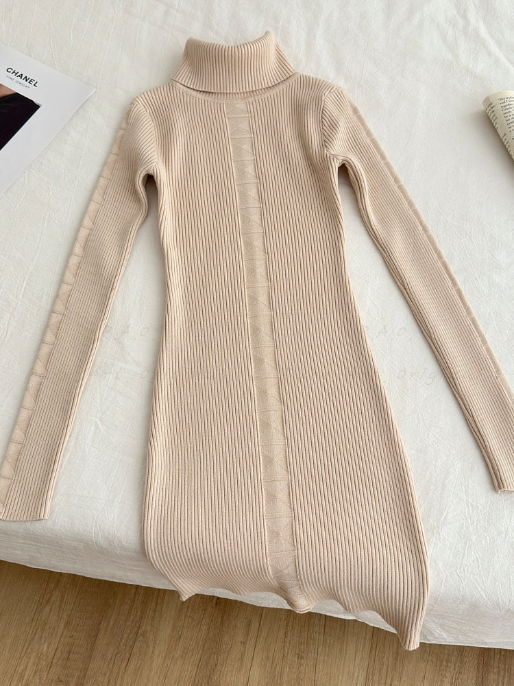 High Neck Knit Bodycon Midi Sweater Dress