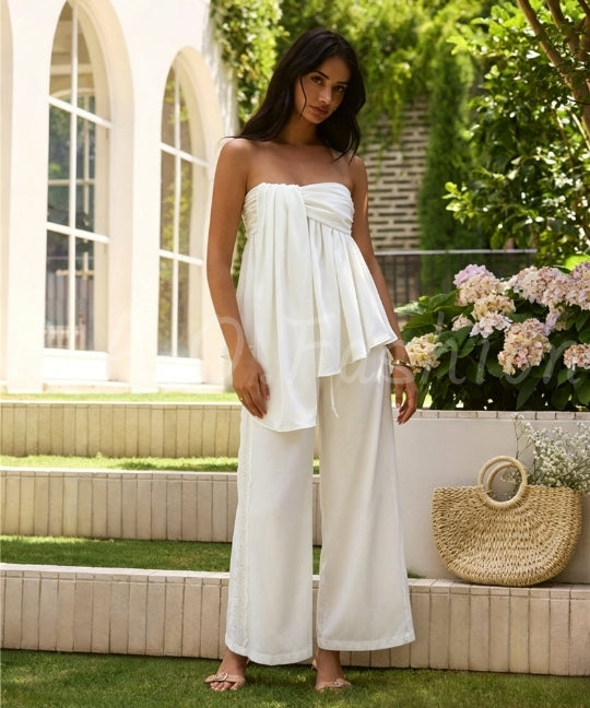 Twist Bandeau Satin Top & Wide-Leg Pants Set
