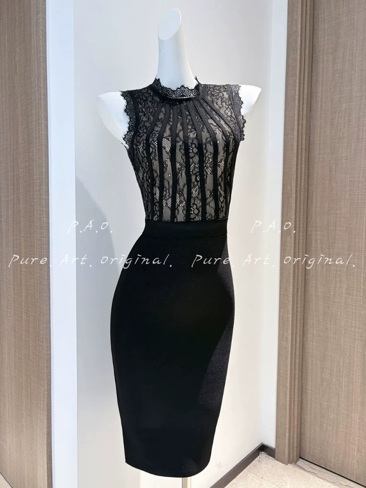 Lace High-Neck Sculpting Bandage Midi Dress