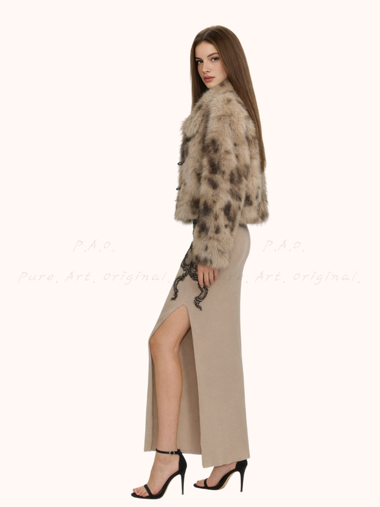 Vintage Stylish Toggle-Button Stand Collar Patterned Faux Fur Short Coat