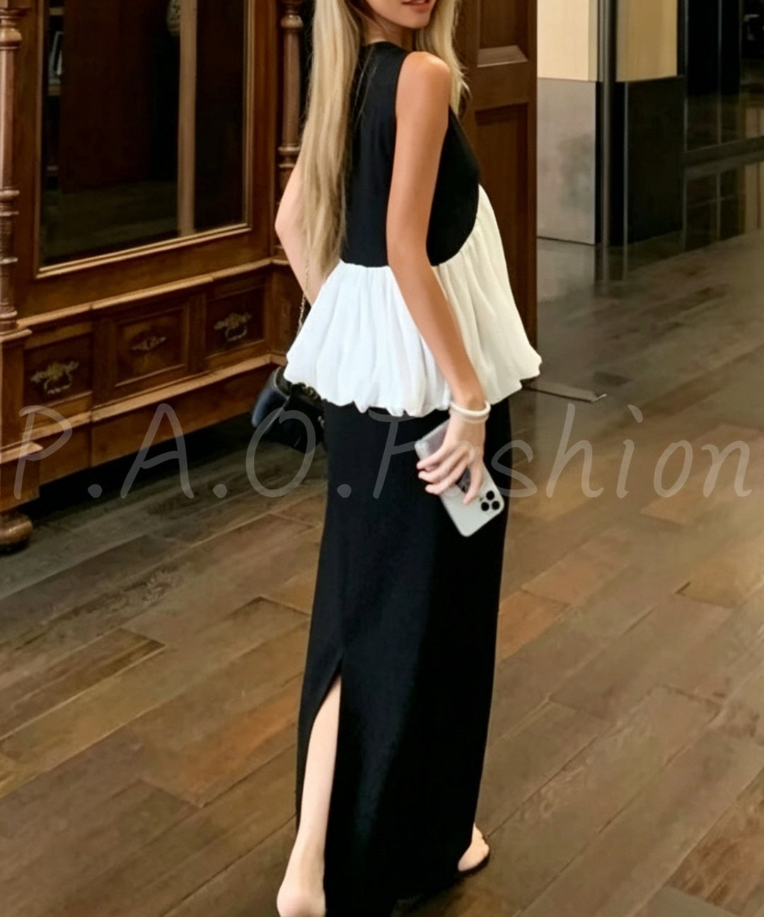 Black & White Contrast Peplum Top & Straight Skirt Set