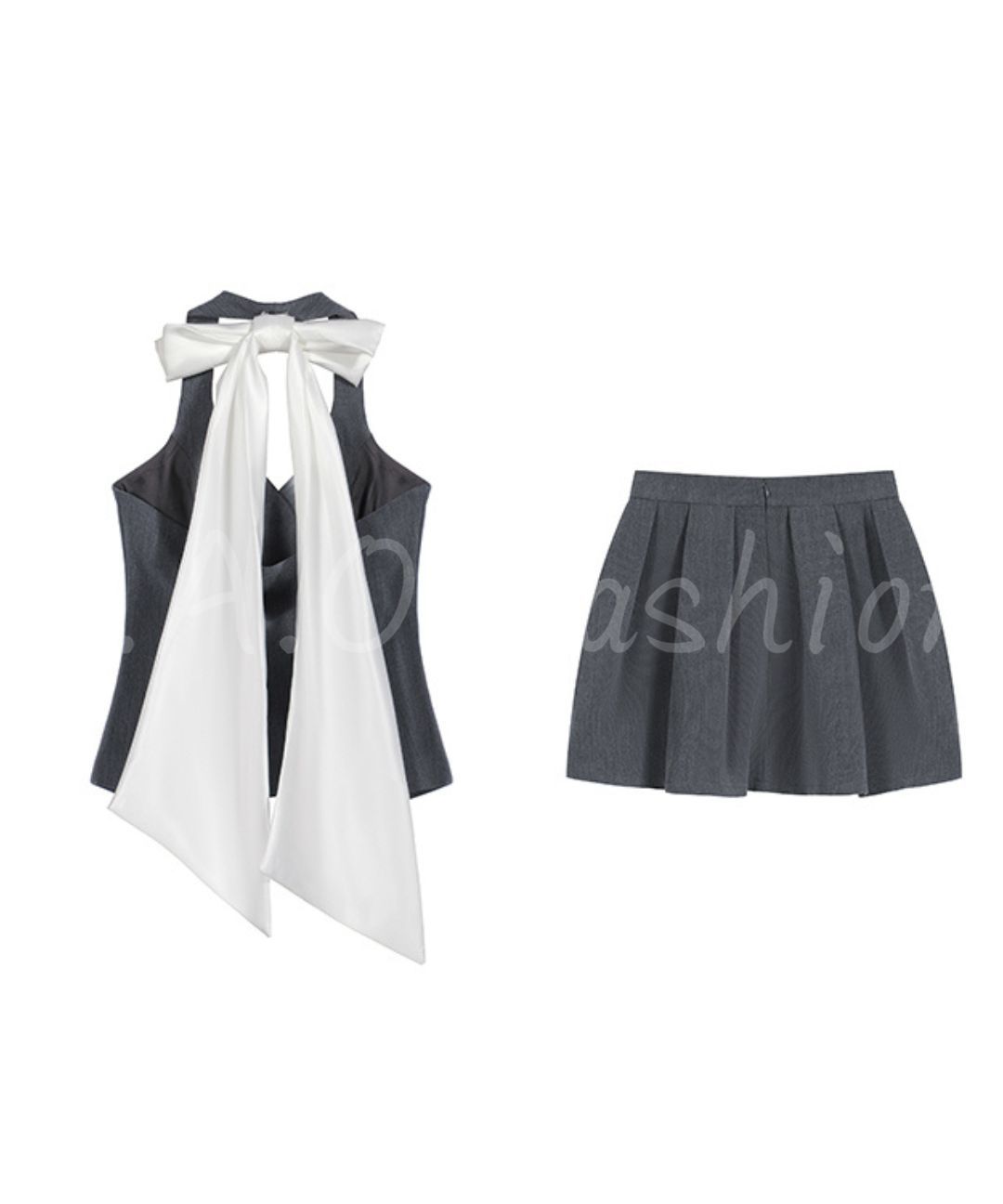 Bow-Back Vest & Pleated Mini Skirt Set