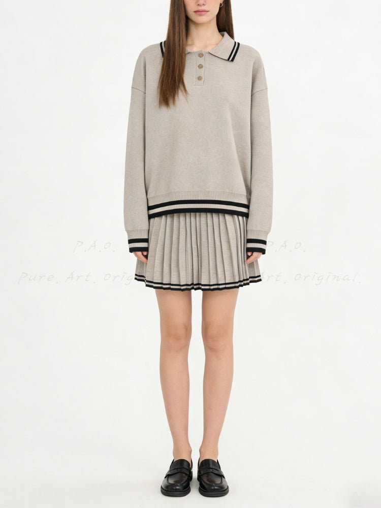 Relaxed Polo-Collar Sweatshirt & High-Waist Pleated Mini Skirt Set