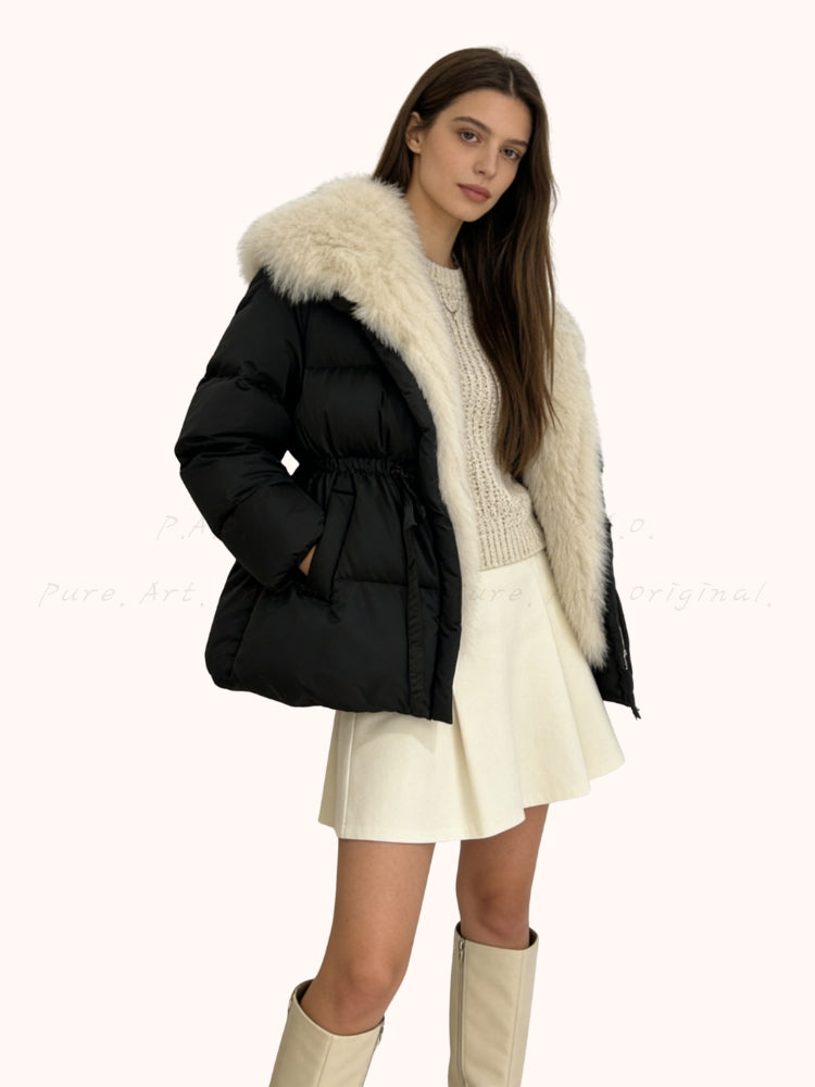 Warm Down Jacket with Turn-Down Collar & Detachable Fur Trim