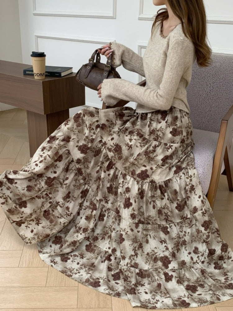 Floral Print Layered A-Line Maxi Skirt