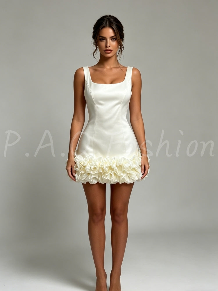 Satin Ruffle Sleeveless Mini Dress