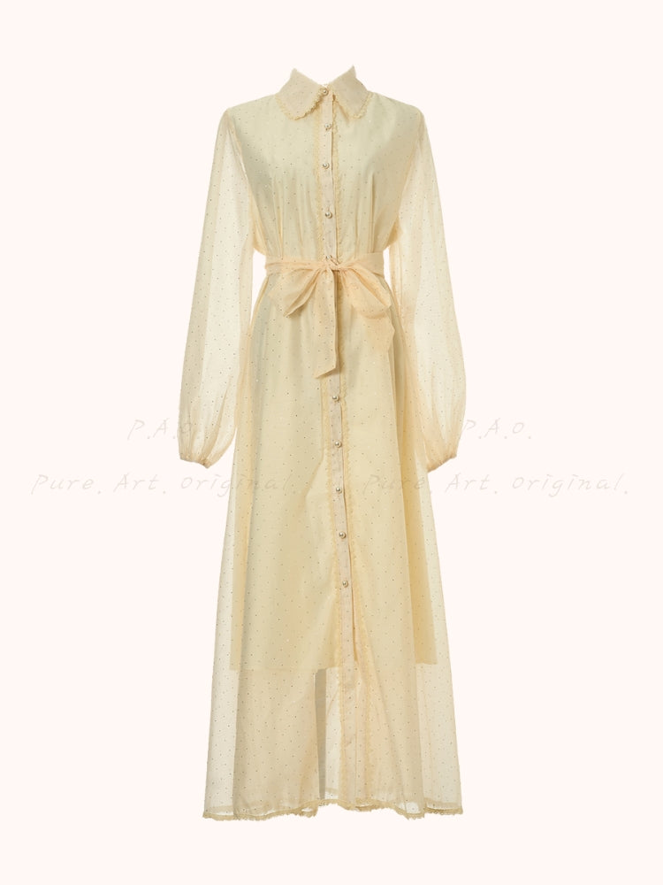 Rhinestone Organza Trim Tie-Waist Maxi Dress