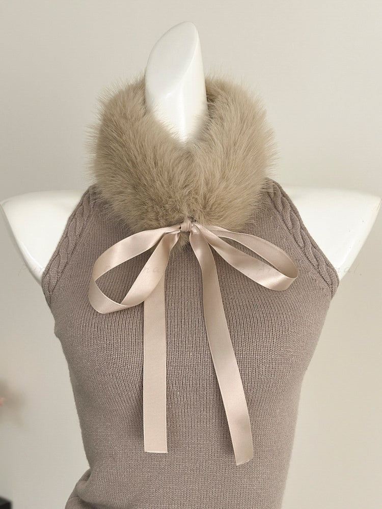 Bow-Tie Faux Fur Collar Knit Top