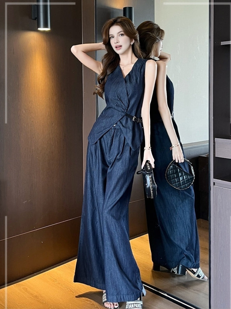 Belted Waist Vest & High-Waisted Wide-Leg Pants Set