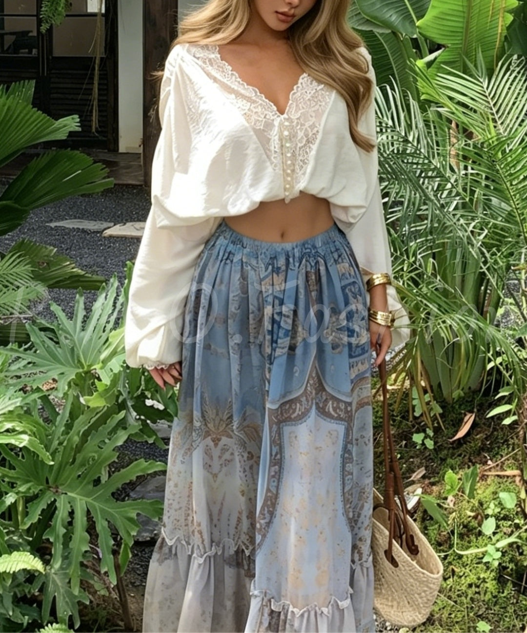 Bohemian Lace Print Two-Piece Skirt Set