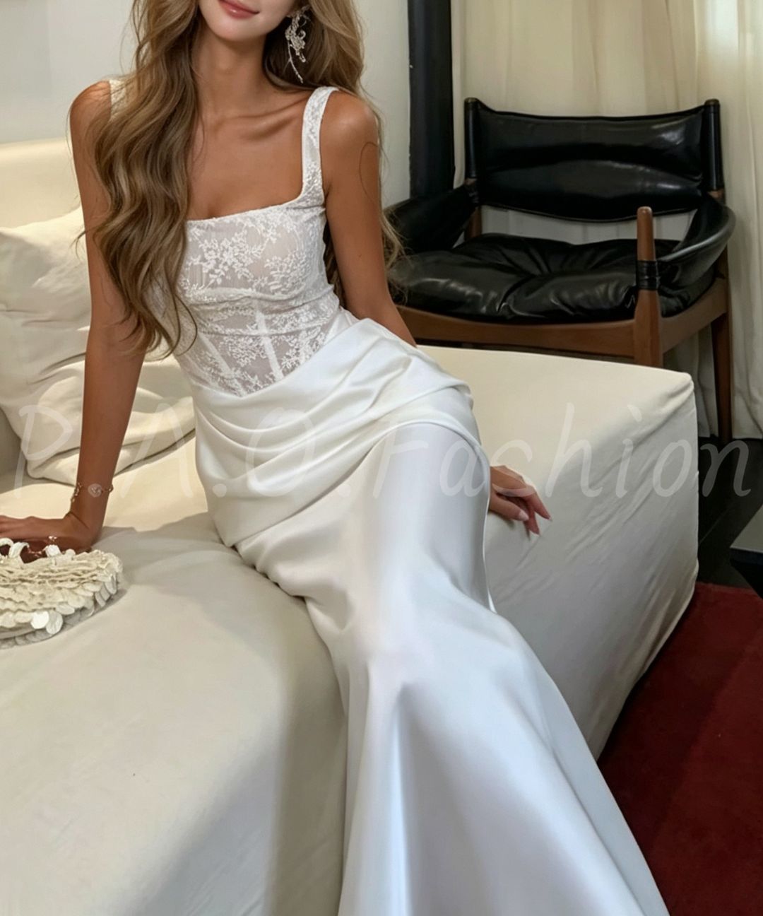 Square Neck Lace Corset Satin Mermaid Maxi Dress