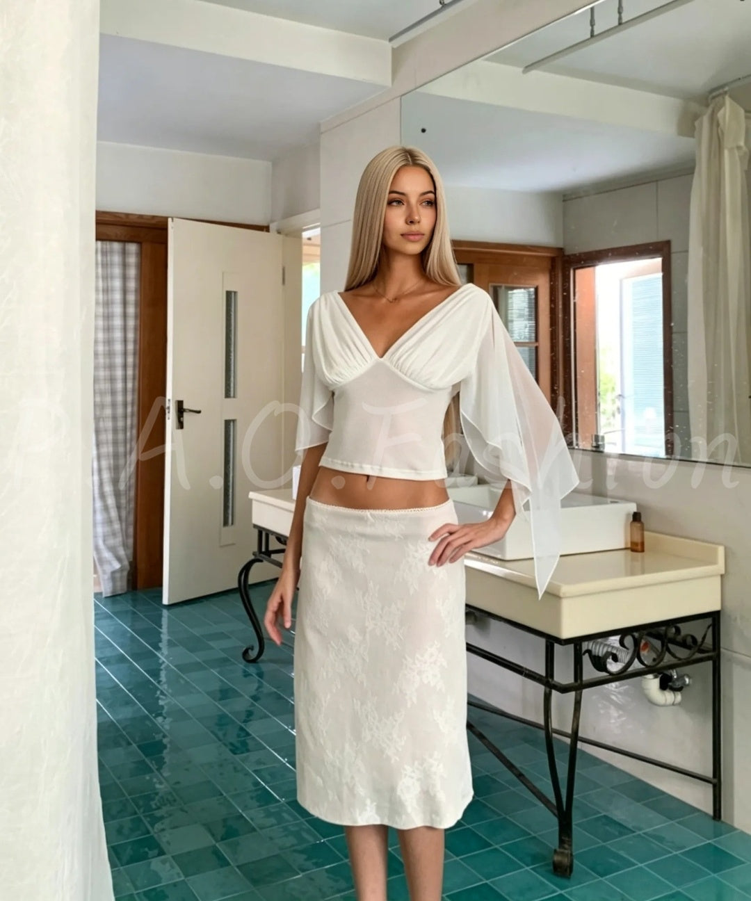 Embellished V-Neck Flutter Sleeve Top & Textured Lace Midi Skirt Set