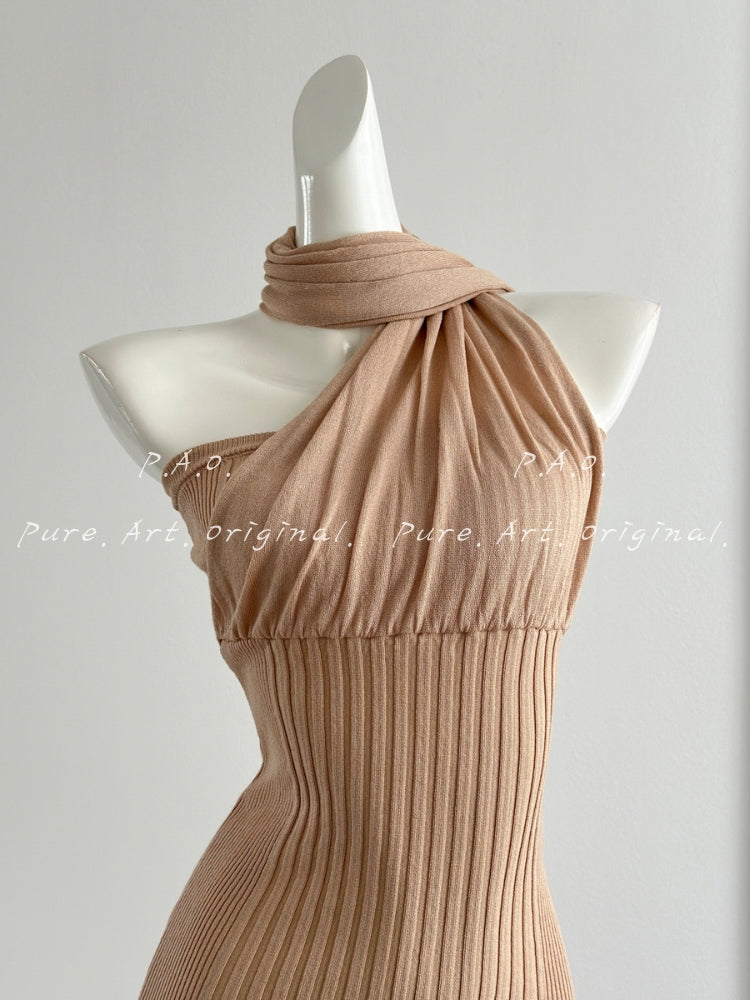 Asymmetrical Halter Tie Ribbed Bodycon Mini Dress
