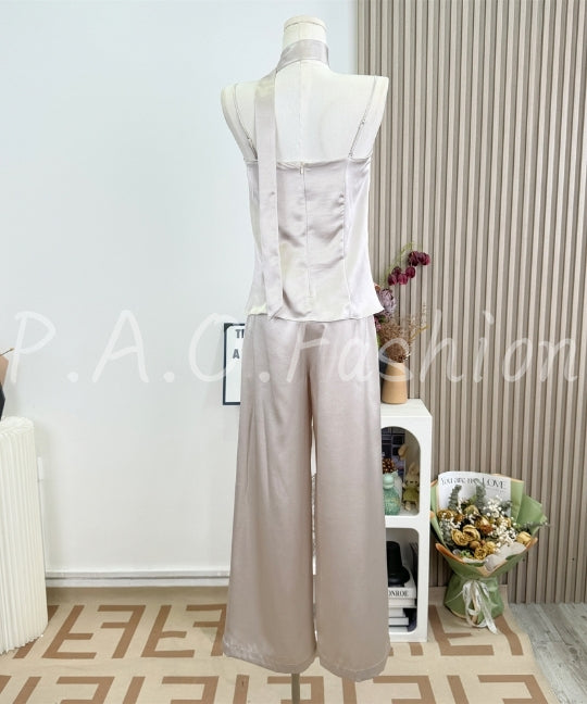 Satin Halter Scarf Top & Wide-Leg Pants Set
