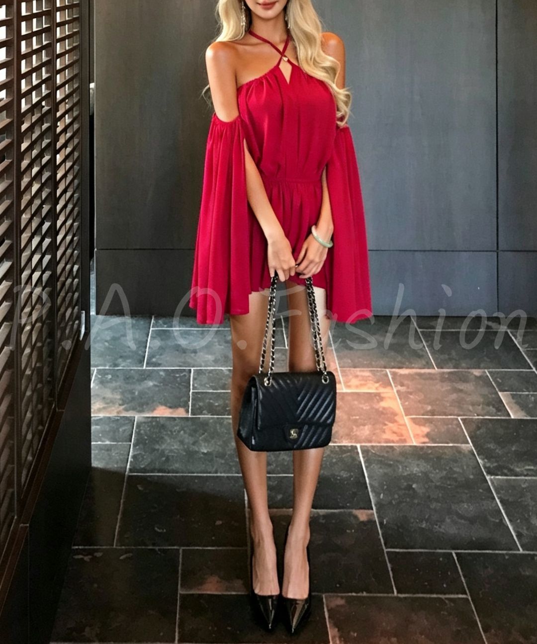 Burgundy Halter Off-Shoulder Chiffon Mini Dress