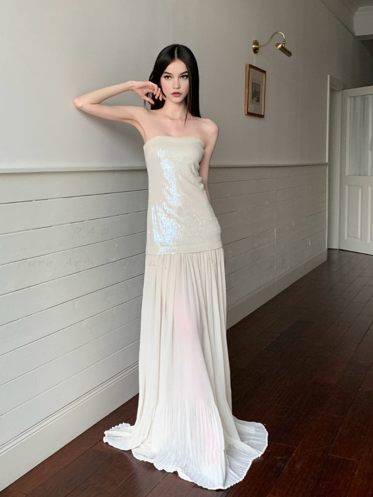 Sequin Strapless Tulle Floor-Length Gown