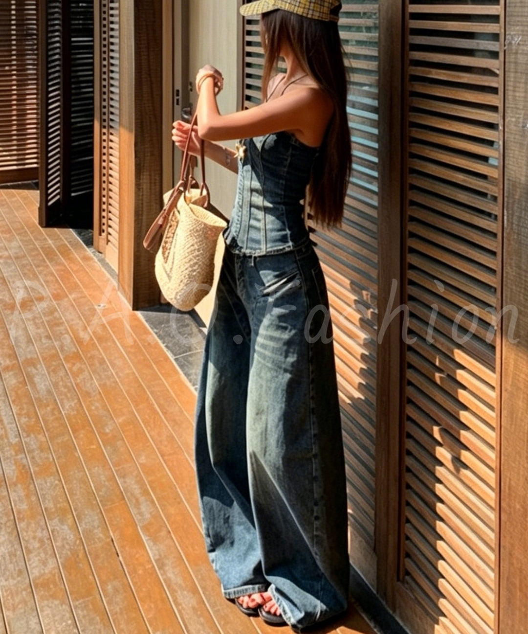 Denim Bandeau Top & Wide-Leg Pants Set[Available Now]