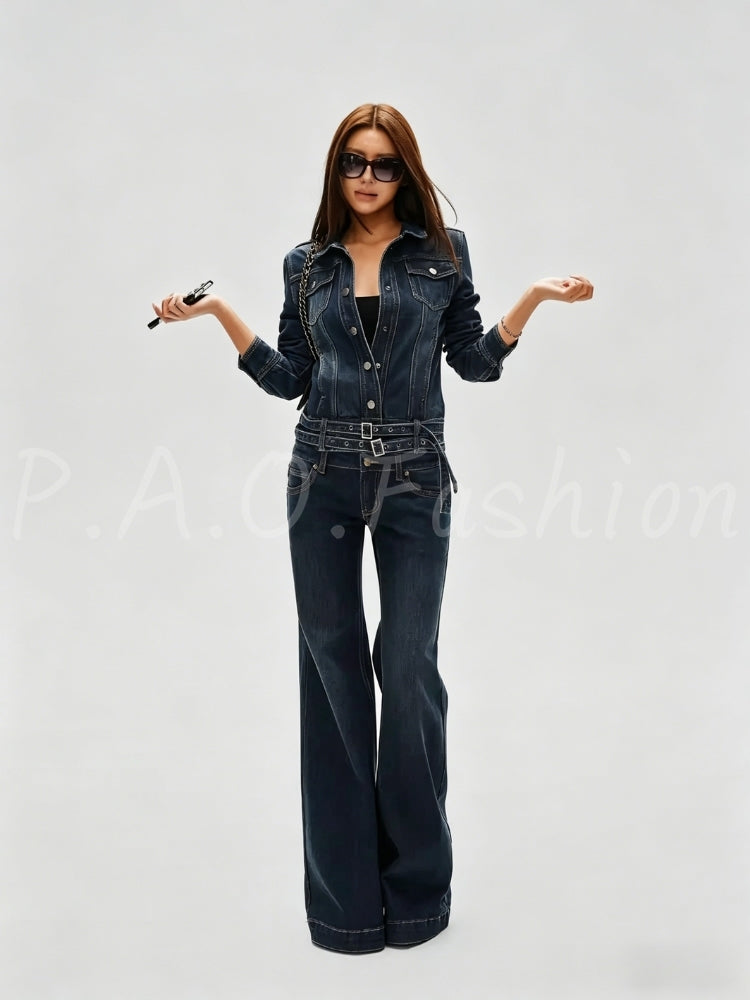 Vintage Belted Denim Jacket & Flared Jeans Set
