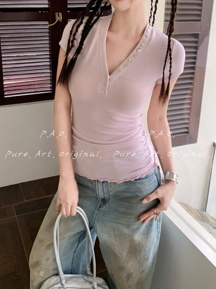 Ruched V-Neck Button Ribbed Crop Tee