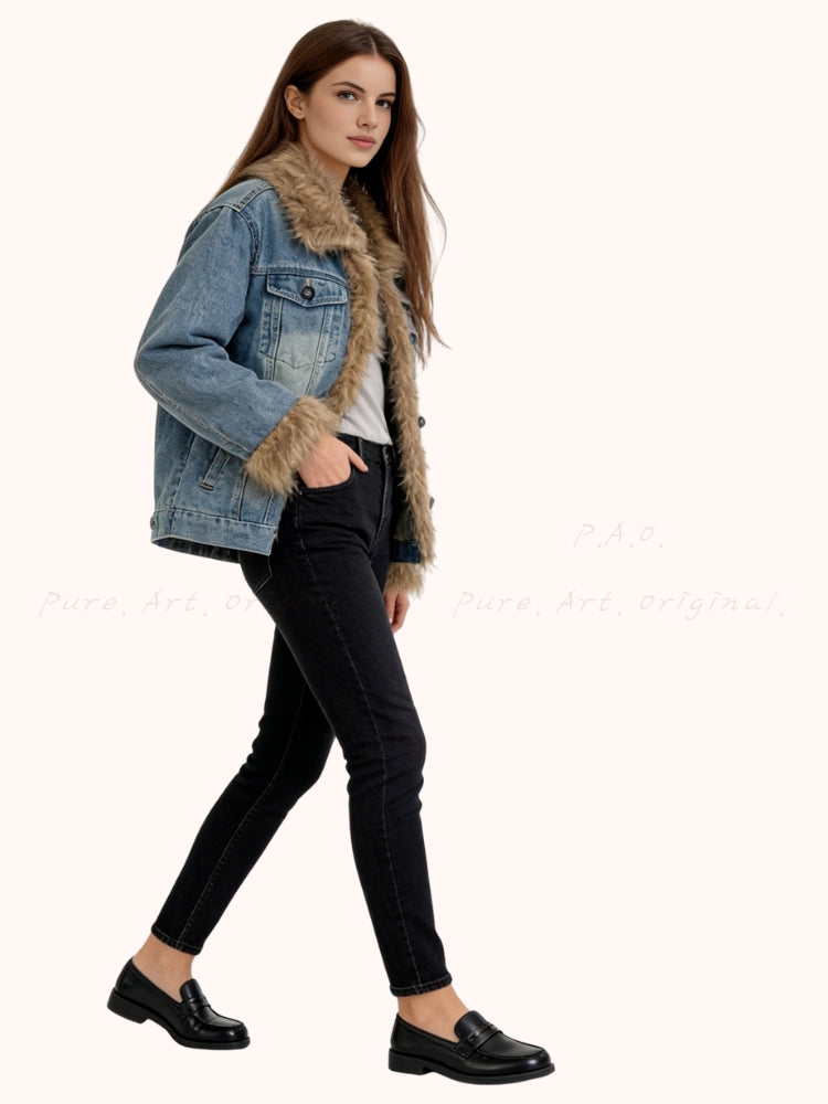Washed Denim Faux-Fur Patchwork Puffer Jacket