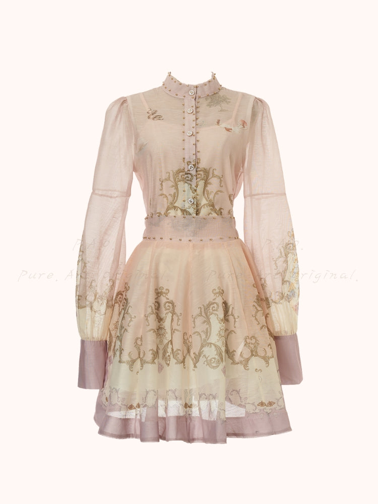 Vintage Print Collar Top & Flared Mini Skirt 3-Piece Set