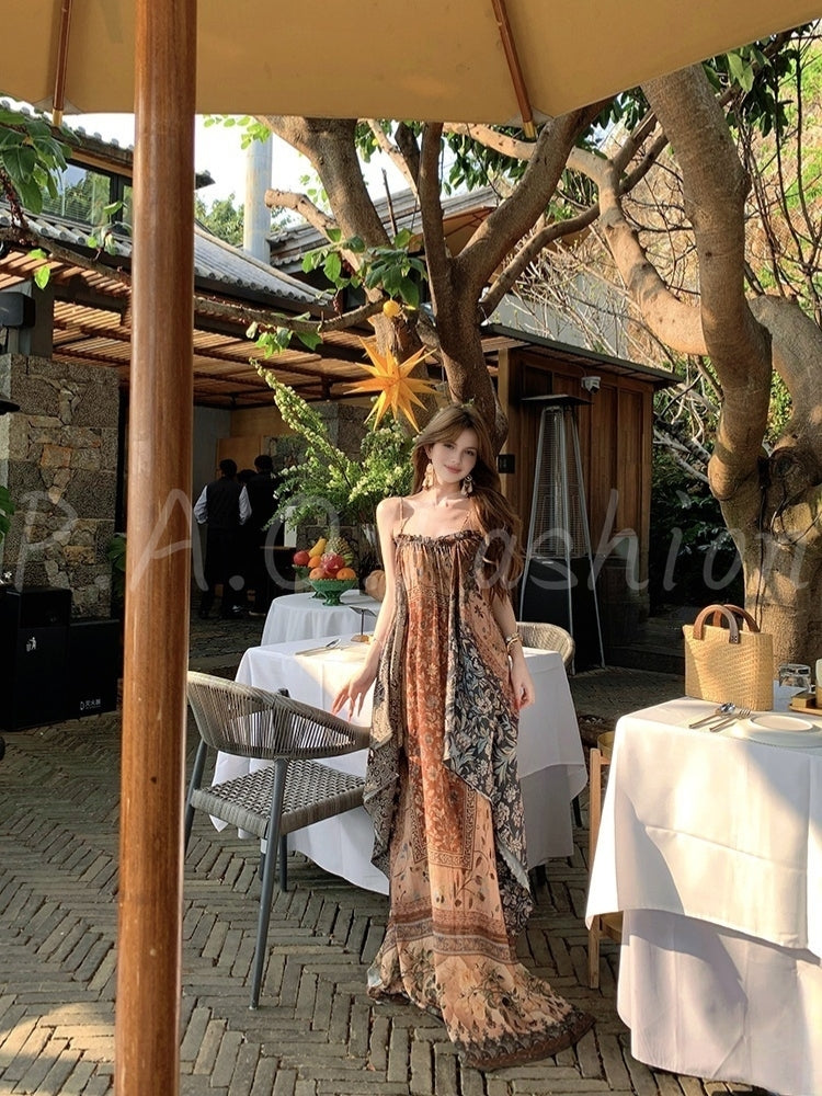 Boho Print Tassel Halter Flowy Maxi Dress