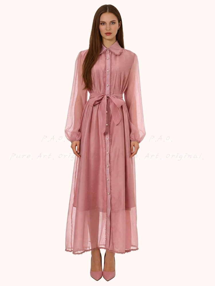 Rhinestone Organza Trim Tie-Waist Maxi Dress