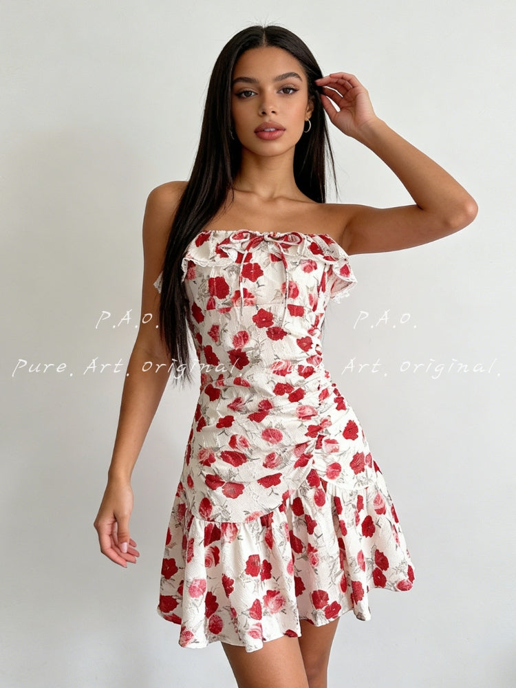 ROSE PRINT OFF-SHOULDER MINI DRESS