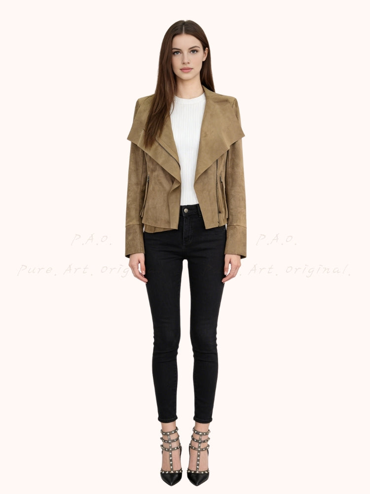 Oversized Collar Suede-Finish Slim Waist Short Coat