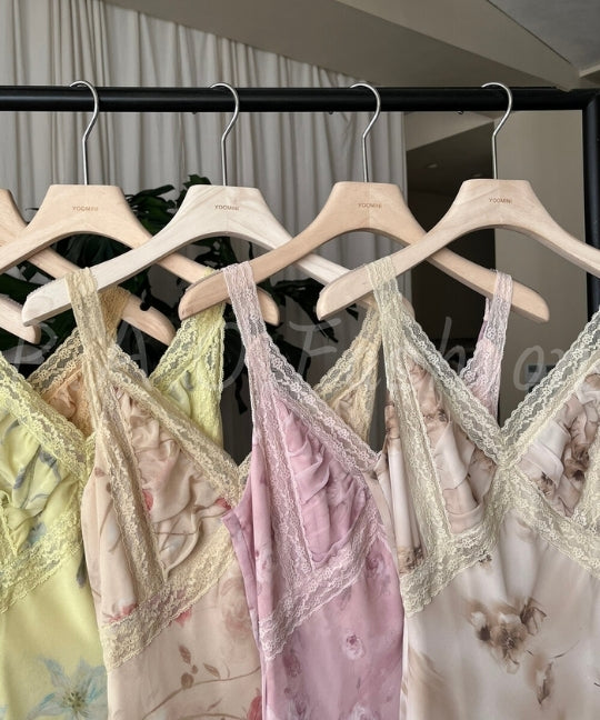 Lace Trim Floral V-Neck Slip Maxi Dress