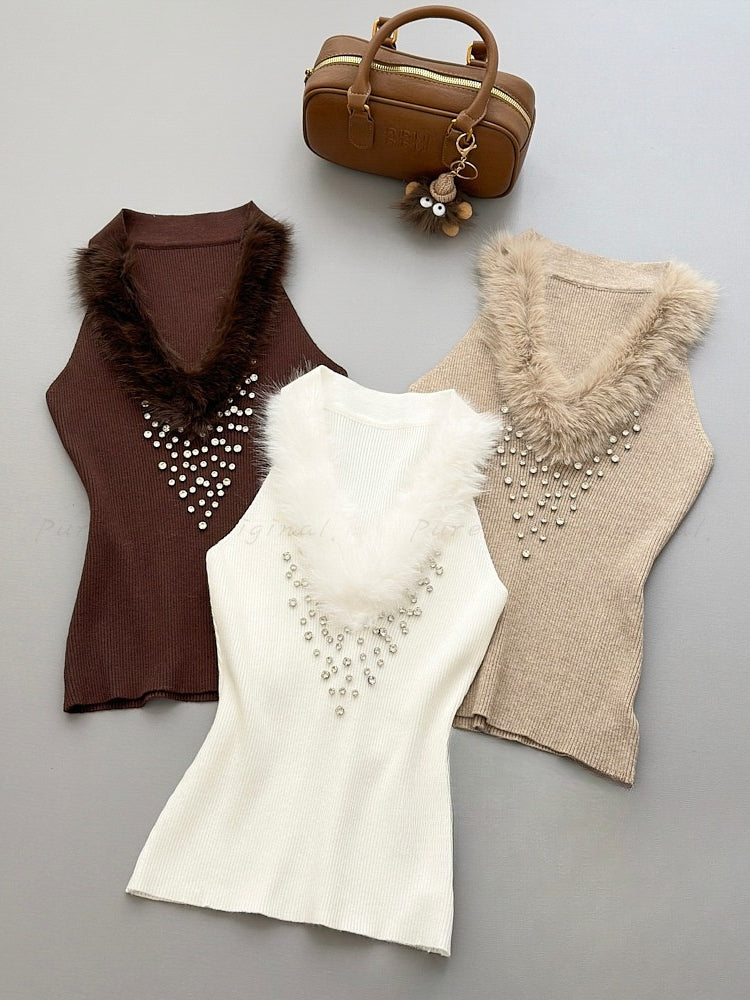 Faux Fox Fur & Hand-Embellished Rhinestone Knit Vest