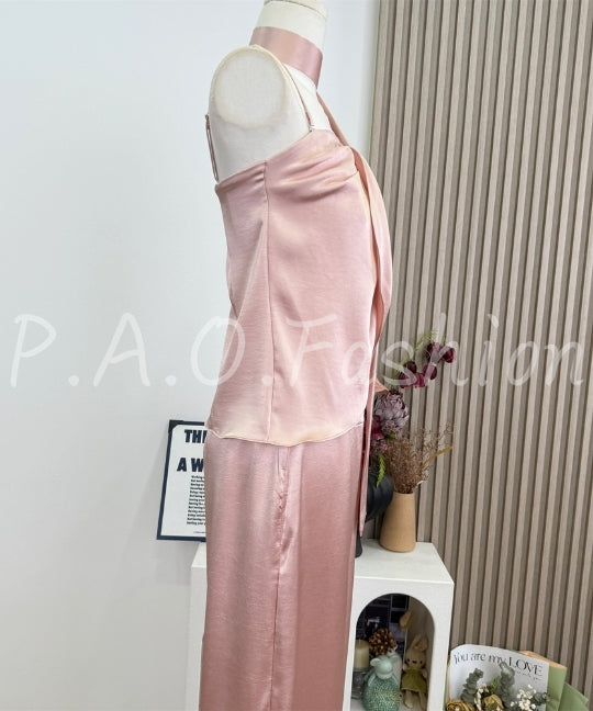 Satin Halter Scarf Top & Wide-Leg Pants Set