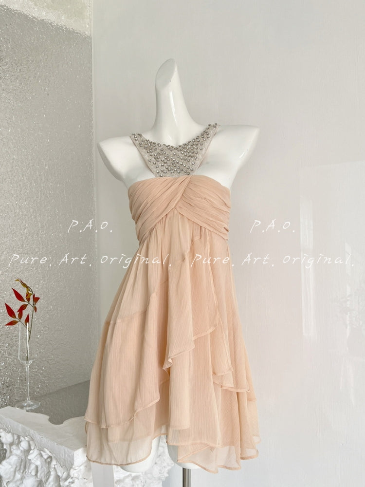 Halter Rhinestone Ruched Chiffon Dress