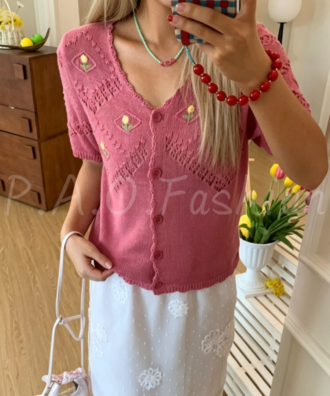 Embroidered Open-Knit V-Neck Short Sleeve Cardigan