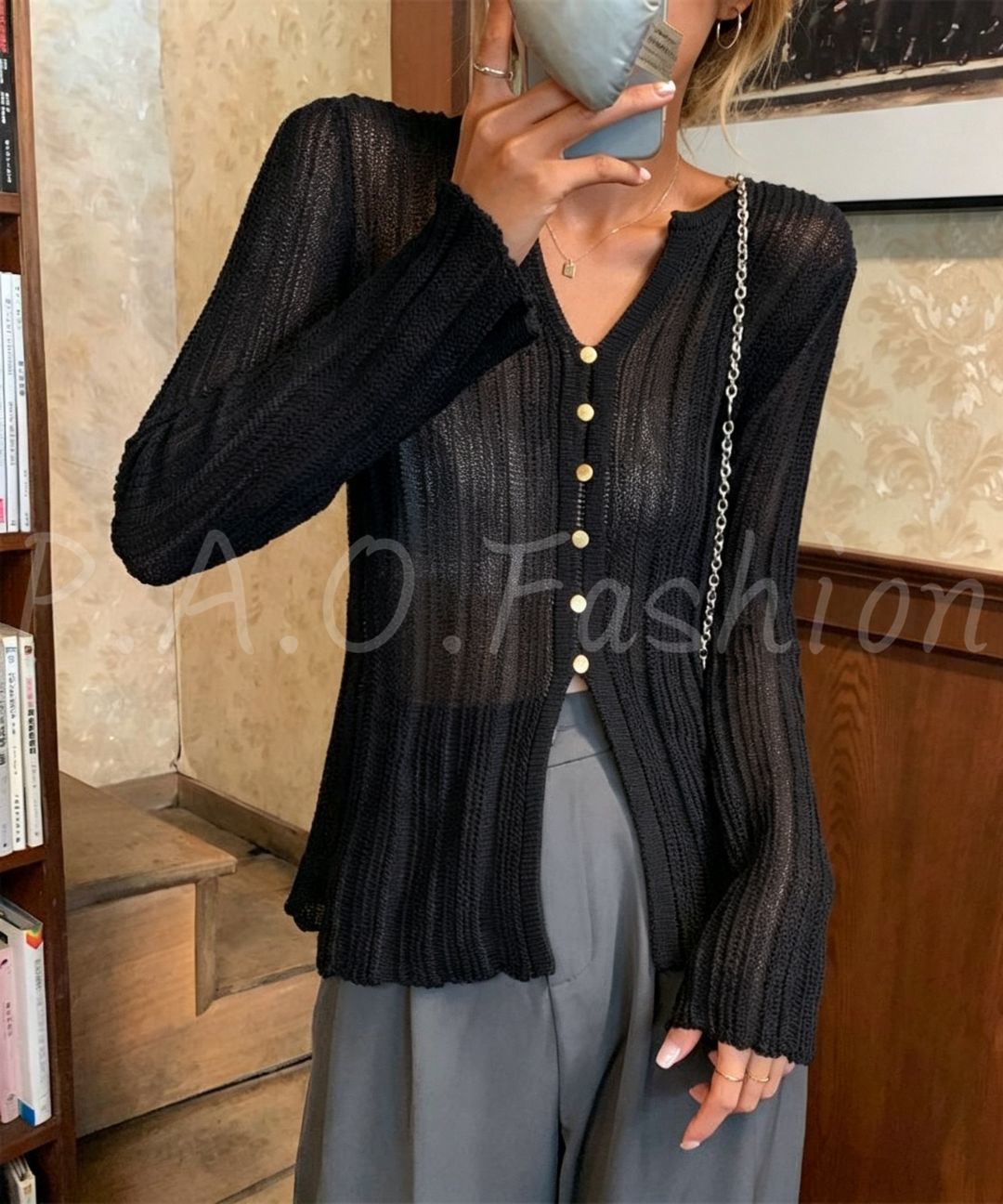 Ribbed V-Neck Button Knit Cardigan