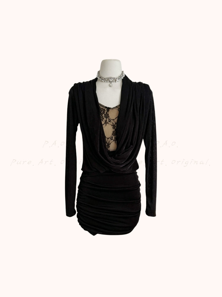 Drape Neck Long-Sleeve Lace Bodycon Mini Dress