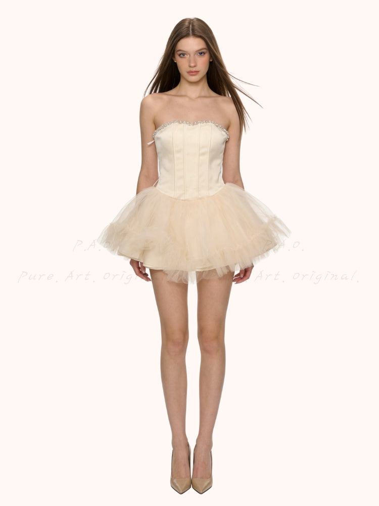 Rhinestone Corset Strapless Puff Mini Dress