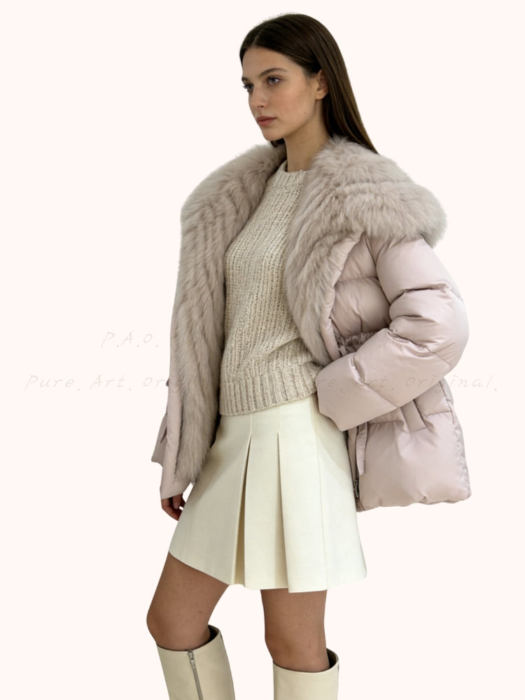 Warm Down Jacket with Turn-Down Collar & Detachable Fur Trim