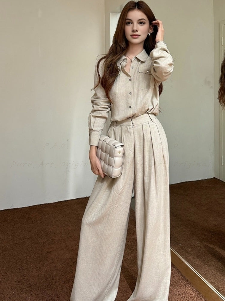 Linen Shirt & Wide-Leg Trousers Two-Piece Set