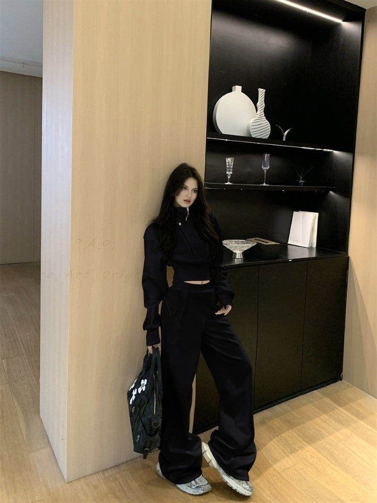 Cinched Waist Half-Zip Mock Neck Sweatshirt & Wide-Leg Pants Set
