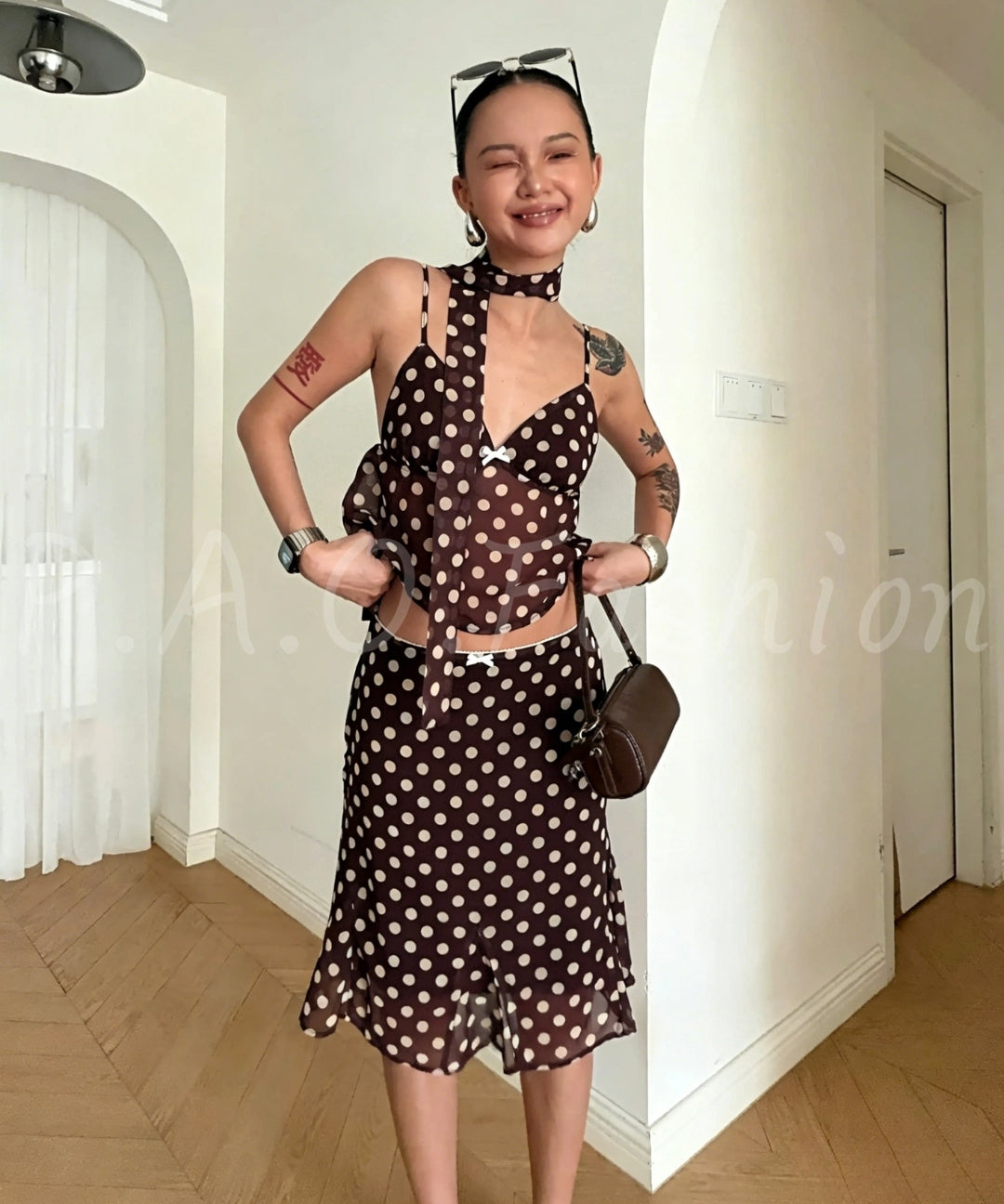 Vacation-Inspired Polka Dot Chiffon Three-Piece Set