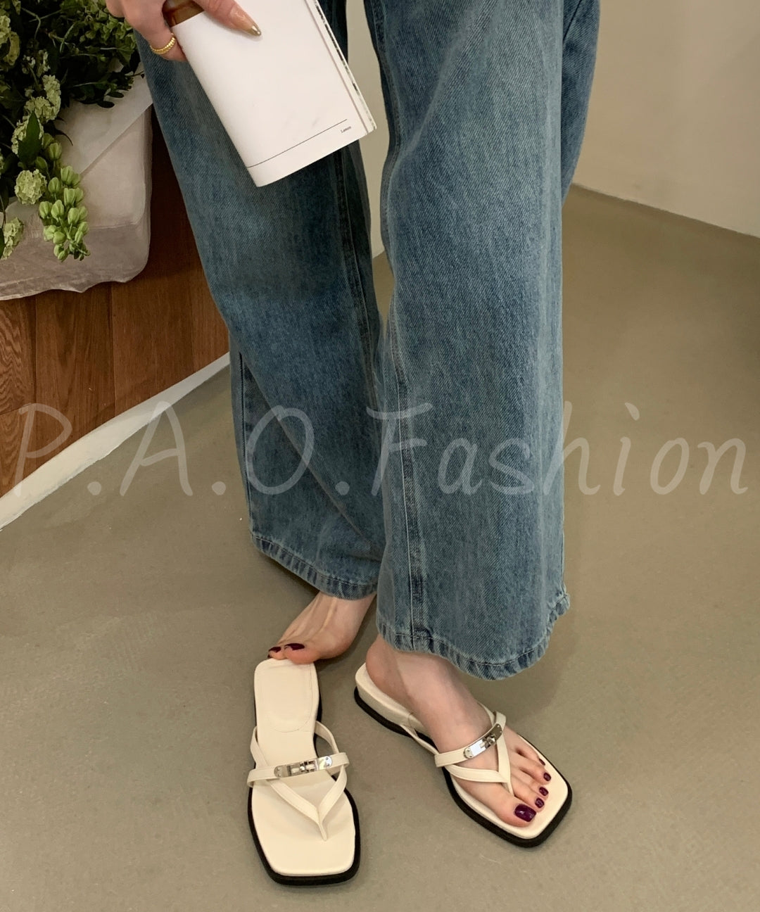 Square Toe Thong Sandals with Metal Detail